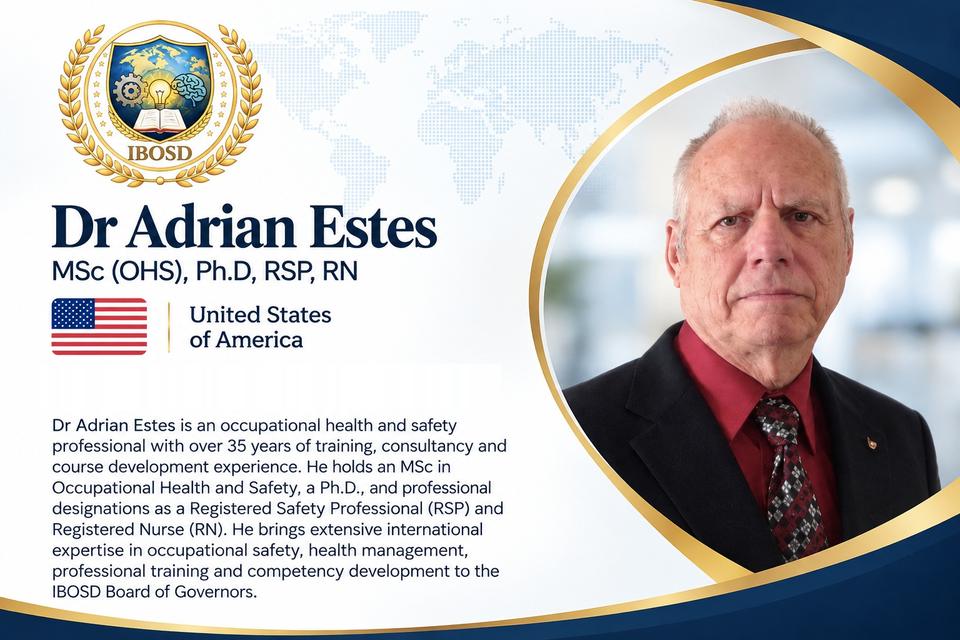 Profile card for Dr Adrian Estes, MSc (OHS), Ph.D, RSP, RN, United States of America: an occupational health and safety professional with over 35 years of training, consultancy and course development experience.