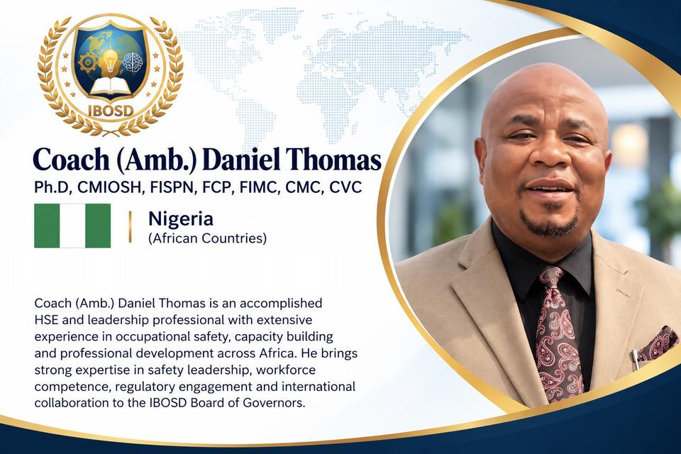 Profile card for Coach (Amb.) Daniel Thomas, Ph.D, CMIOSH, FISPN, FCP, FIMC, CMC, CVC, Nigeria: an HSE and leadership professional with extensive experience across Africa.